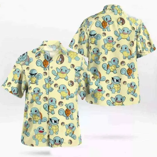 Squirtle Hawaiian Pattern Hawaii Shirt, Aloha Anime Blastoise Button-Up Shirt