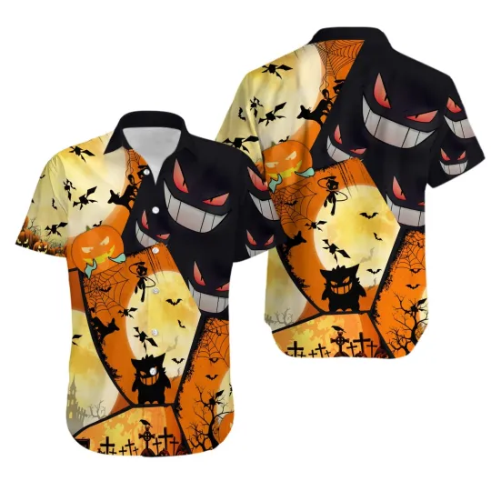 Gengar PKM Halloween Hawaiian Shirt, Button-Up Ghost Birthday Shirt