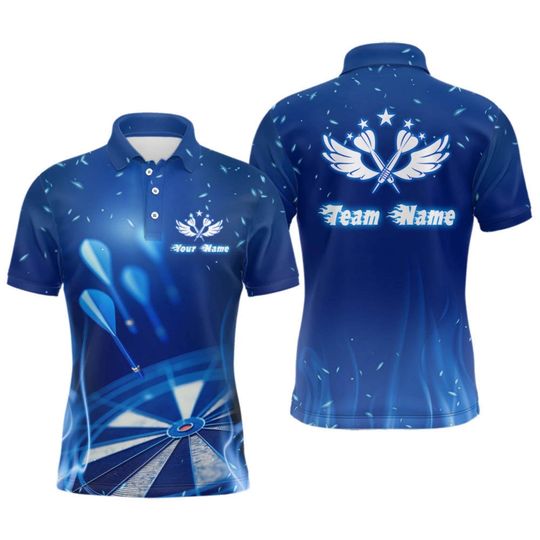 Discover Custom Darts Polo Shirt Blue Wings Flame Personalized Name Team Jersey