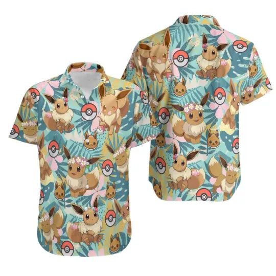 Eevee Hawaiian Shirt, Poket mons Button-Up, Holiday Aloha Anime Shirt