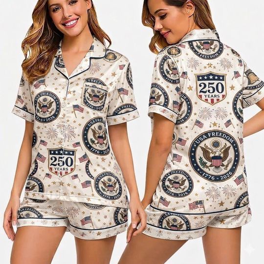 Discover American Independence Day commemorative satin pajamas, 250th anniversary pajamas, Fourth of July Independence Day gift.