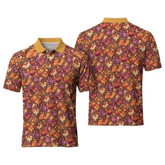 Fire PKM Polo Shirt, Charmander Vulpix Flareon Pattern Polo, Cute Anime Polo Shirt, Summer Autumn PKM Shirt, Unisex PKM Fan Gift