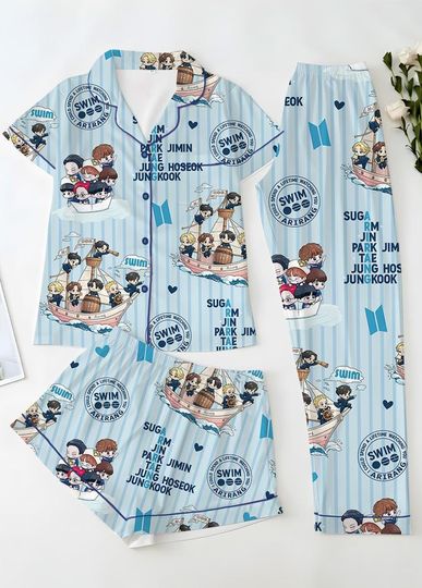 Discover BT21 Inspired Cartoon Pajama Set for Women, Cute Kpop Character PJs, Colorful Anime Lounge Set, Button Down Sleepwear Gift