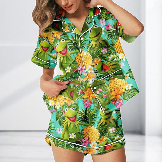 Kermit Frog Tropical Satin Pajama Set, Funny Disney Muppets Loungewear, Pineapple Summer Sleep Gift, Summer Satin Pajamas