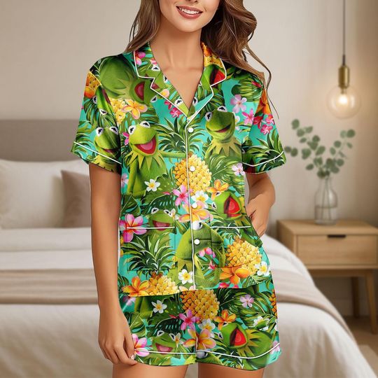 The Muppets K the frog Satin Pajamas Set, Disney K the frog Short Pajamas, The Muppets Disney Women Pajamas, Tv Show Shirt