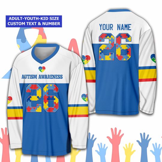 Discover Personalized Autism Awareness Month Ice Hockey Jersey, Custom Name Puzzle Autism Hockey Shirt, Autism Ribbon Hockey Team Jersey Support Gift