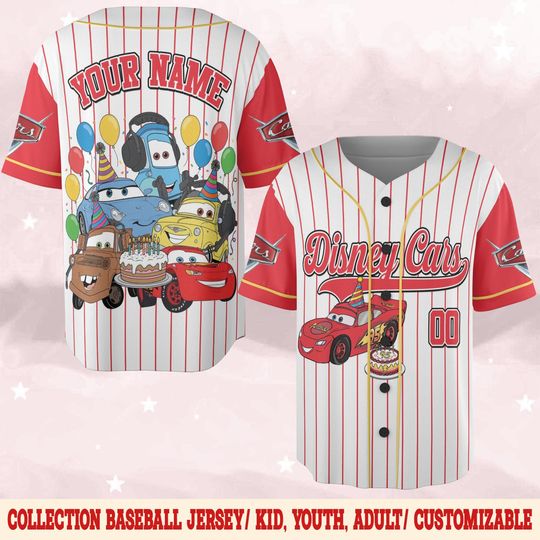 Personalized Pixar Disney Cars Birthday Baseball Jersey, Disney Lightning McQueen Birthday Present Gift, Disneyland Family Trip Tee