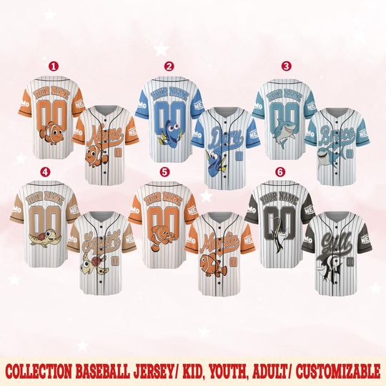 Discover Custom Disney Finding Nemo All Characters Group Baseball Jersey, Marlin Dory Darla Jersey,WDW Disneyland Family Vacation Holiday Gift