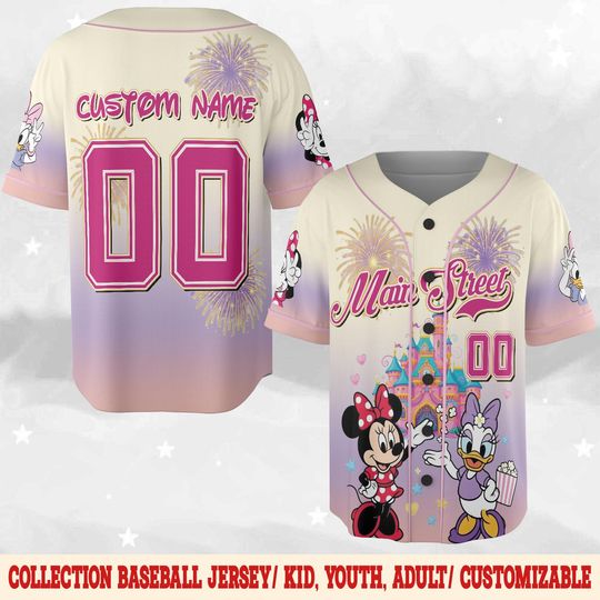 Discover Main Street Besties Disney Baseball Jersey, Minnie Daisy Castle Jersey, Cute Disney Park Outfit, Magical Kingdom Fireworks Team Shirt