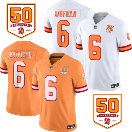 Men's '76 Buccaneerss #6 Baker Mayfield White/Orange 50th Season Printed Jersey