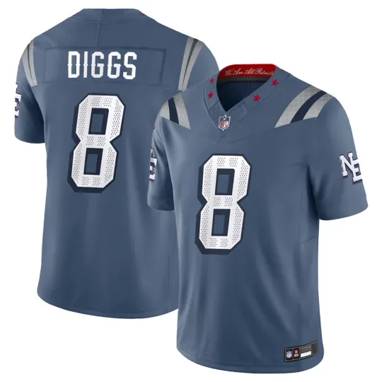 Discover Men's Patriotss #8 Stefon Diggs Storm Blue 2025 Rivalries Limited Printed Jersey