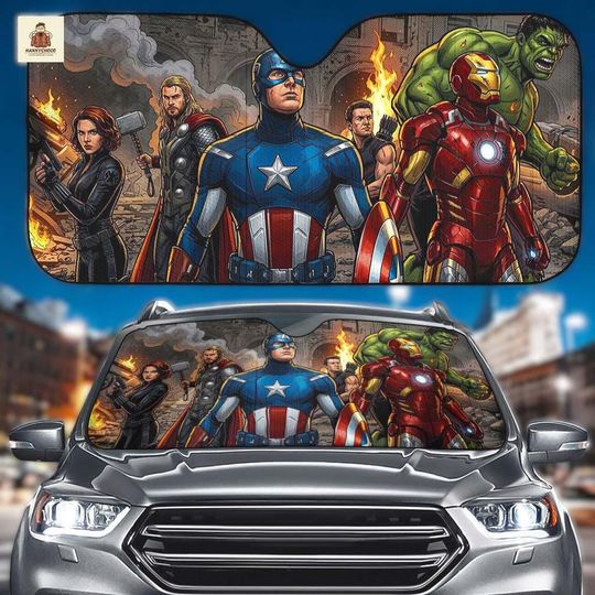 Marvel Avengers Car Sun Shade, Iron Man Captain America Thor Windshield Sunshade, Funny Superhero Squad Auto Front Window Cover