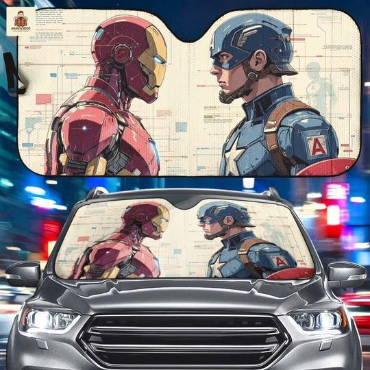 Iron Man vs Captain America Car Sun Shade, Marvel Civil War Windshield Sunshade, Avengers Blueprint Art Auto Front Window Cover