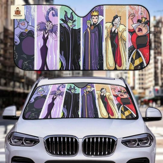 Disney Villains Car Sun Shade, Maleficent Ursula Evil Queen Cruella Windshield Sunshade, Gothic Cartoon Auto Front Window Cover