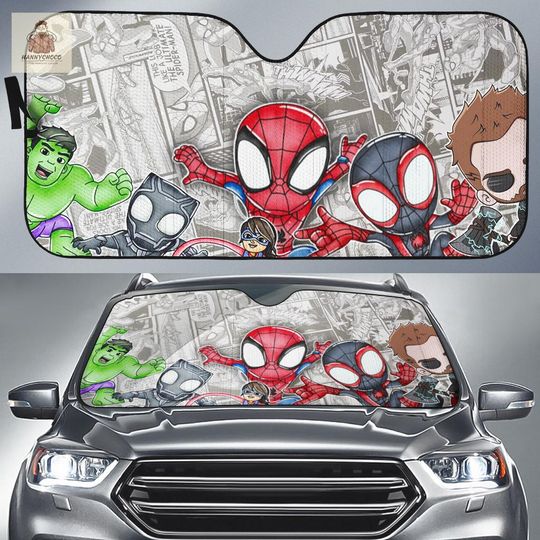 Marvel Spider-Man Avengers Car Windshield Sunshade, Hulk Black Panther Miles Morales Chibi Superhero Foldable Sun Shade, Comic Car Accessory