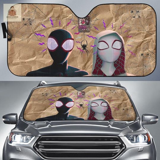 Miles Morales Spider-Man & Spider Gwen Car Windshield Sunshade, Marvel Spider Verse Foldable Auto Sun Shade, Superhero Car Accessory