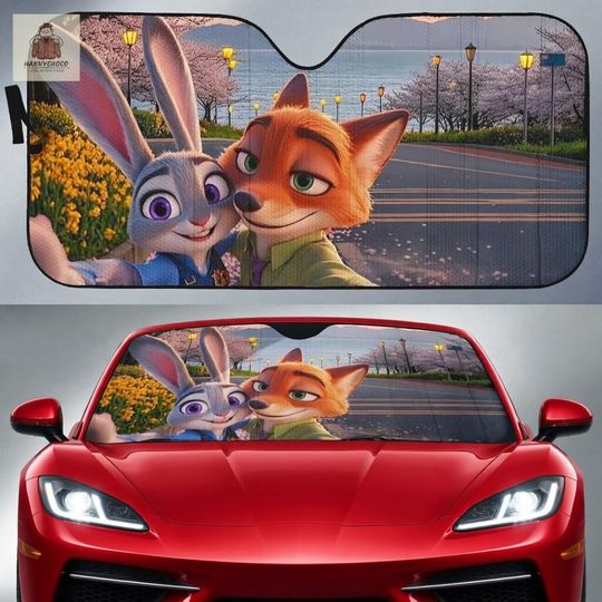 Discover Zootopia Judy Hopps & Nick Wilde Cherry Blossom Car Sunshade  Cartoon Windshield Sun Visor UV Protection Foldable Front Window Shade