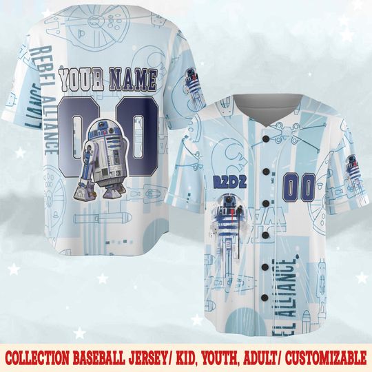 Personalize Star Wars Astromech Droid R2-D2 Baseball Jersey, Disney Star Wars Baseball Jersey Sports Galaxy edge Fans Gifts