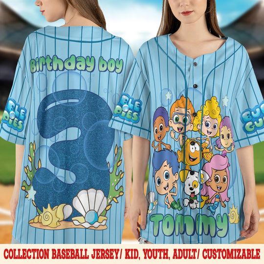 Discover Personalized Bubble Guppies Birthday Baseball Jersey: Custom Name Age Blue Birthday Boy Jersey JDKU07-1