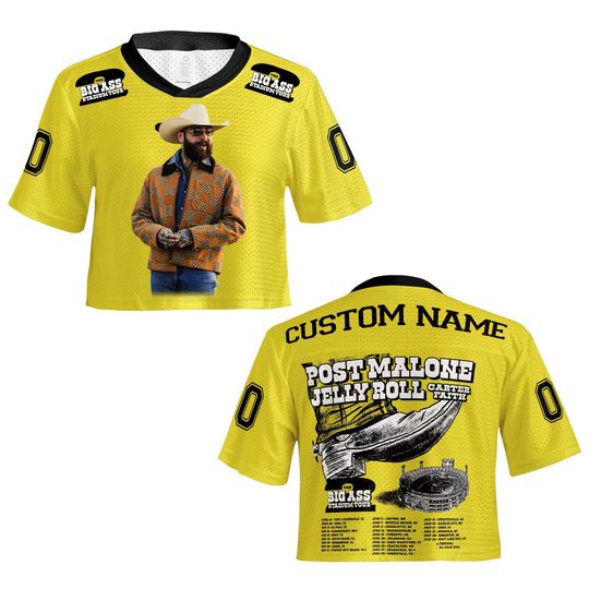 Discover Post Malone Tour Inspired Crop Top Football Jersey Mesh, Country Concert Tee, Custom Name Big Ass Stadium Tour Part 2 Jersey, Music Fan Gift