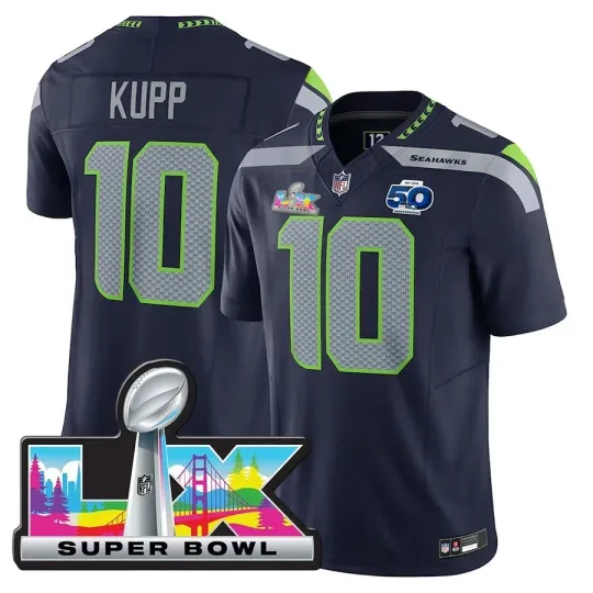 Discover Men's Seahawkss #10 Cooper Kupp Navy 50th Season/Super B.owl LX Game Jersey