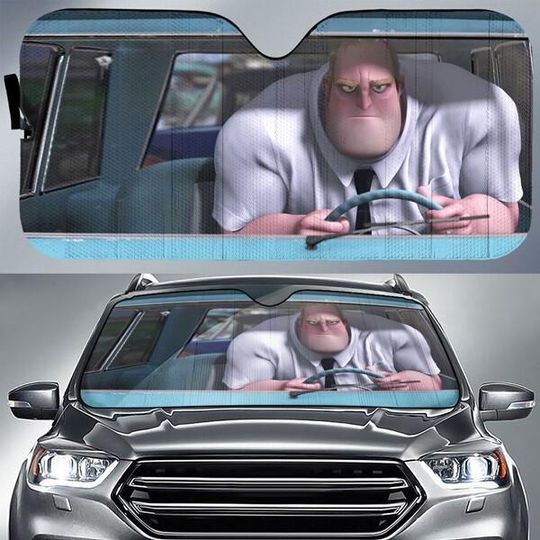 Discover Mr Incredible In His Car Car Sun Shade, Incredibile Cartoon Robert Bob Parr Car Windshield, Funny Movie Car Accessory, Incredible Car Decor