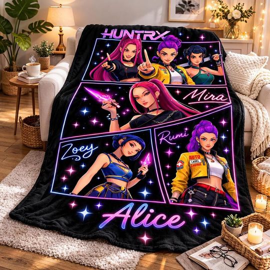 Discover Personalized Huntrix Blanket, Custom Kpop Demon Hunter Blanket, Flannel Kids Name Anime Blanket