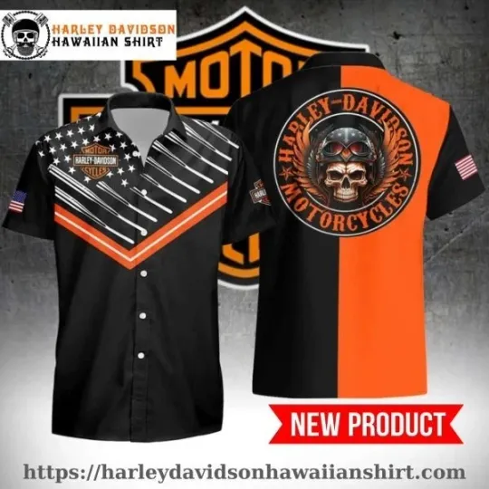 Discover Skull Helmet Orange Harley Motor Racing Davidsonn Hawaiian Shirt