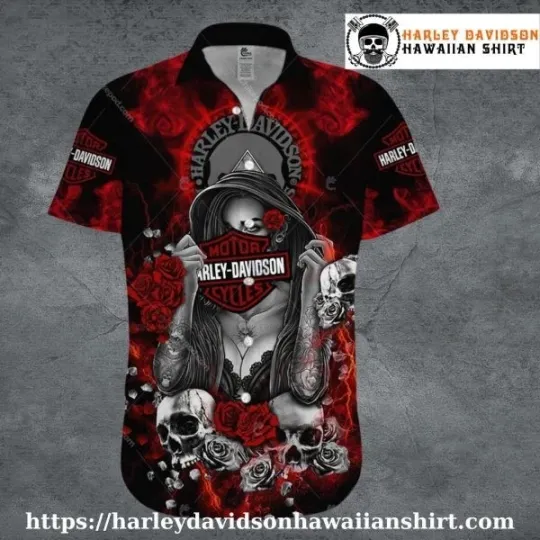 Skull and Roses Tattoo Harley Motor Racing Davidsonn Hawaiian Shirt for Women