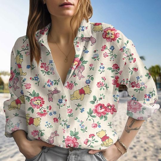 Winnie the Pooh Floral Blouse for Women, Piglet and Flower Pattern Summer Top, Resort Vacation Shirt