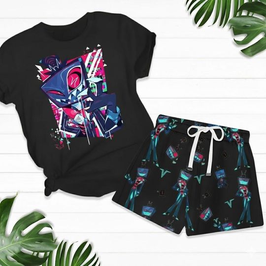 Hazbin Hotel Xmas Tshirt And Shorts, Hazbin Hotel Shirt, Angel Dust Christmas Pajamas, Vox Women Pajamas, Hazbin Hotel Merch