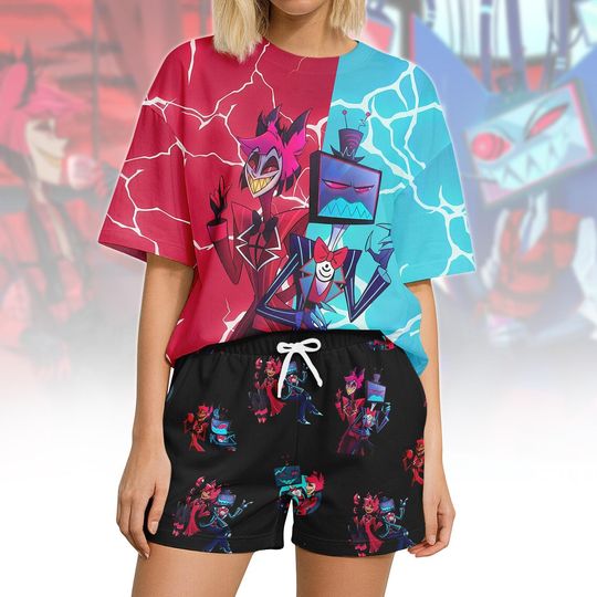 Vox Alastor Hazbin Hotel Pajama Set, Vox And Alastor Hazbin Nightwear, Alastor Charlie Morningstar Anime Sleepwear Set, Hazbin Hotel Merch