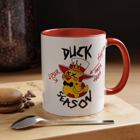 Duck Season Mug with Hazbin Hotel-inspired Rubber Duck and Lucifer Hat Illustration