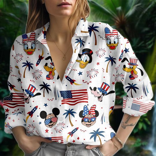 Discover Disney Mickey & Friends 4th of July Women's Blouse, Patriotic Disneyland Casual Shirt