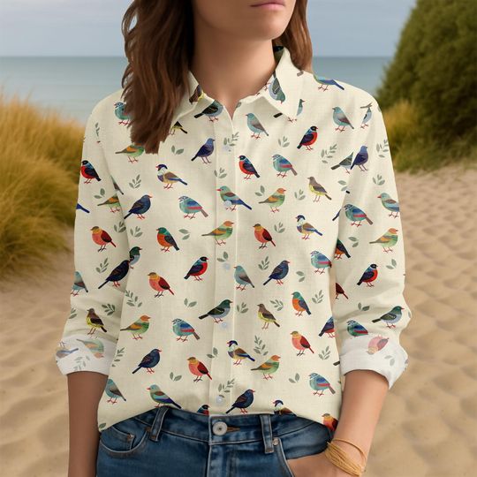 Discover Colorful Bird Print Women's Blouse, Short Sleeve Button-Down Top, Summer Casual Shirt, Botanical Bird Design