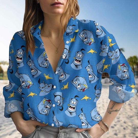 Disney Aladdin Genie Blouse Shirt, Women's Casual Button Top, Disneyland Family Matching Shirt, Disney Trip 2026