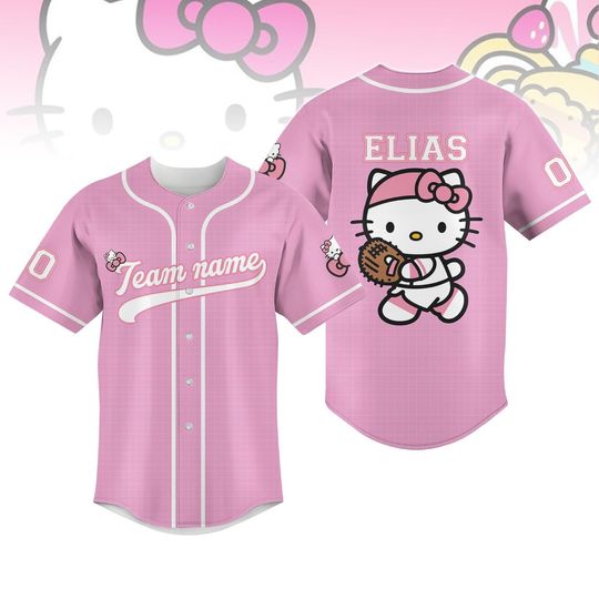 Personalized Hello Kitty Baseball Jersey, Custom Pink Cat Jersey Shirt, Hello Kitty Team Outfit, Cute Matching Family Jersey
