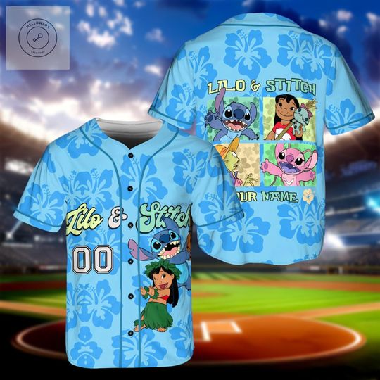 Discover Lilo & Stitch Hawaiian Baseball Jersey, Custom Name Disney Family Shirt, Tropical Stitch Button Down, Vacation Matching Outfit