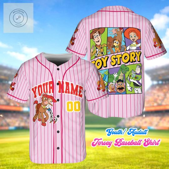 Discover Toy Story Baseball Jersey Custom Name Pink Shirt, Cartoon Characters Tee, Kids Adult Matching Birthday Outfit Gift