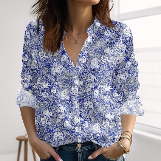 Discover Rabbit Floral Blouse, Blue Flower Women’s Shirt, Vintage Botanical Top, Vacation Shirt, Gift for Her/Mom