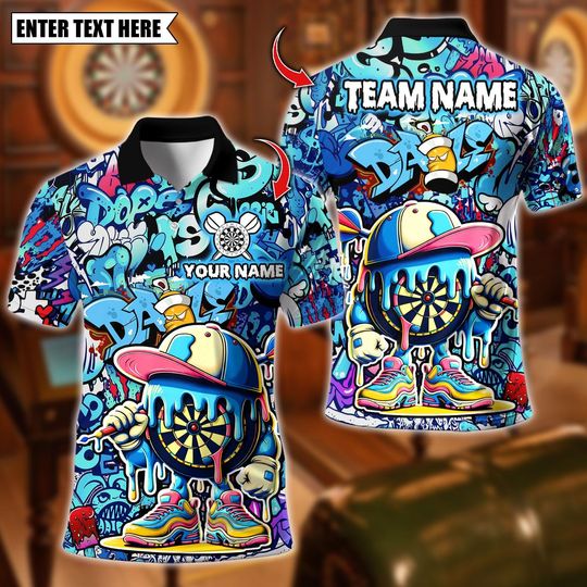 Discover Personalized Name Dart Polo Shirt, Graffiti Ice Cream Drip Darts Design ,Custom Team Shirt for Men, Gift for Darts Players