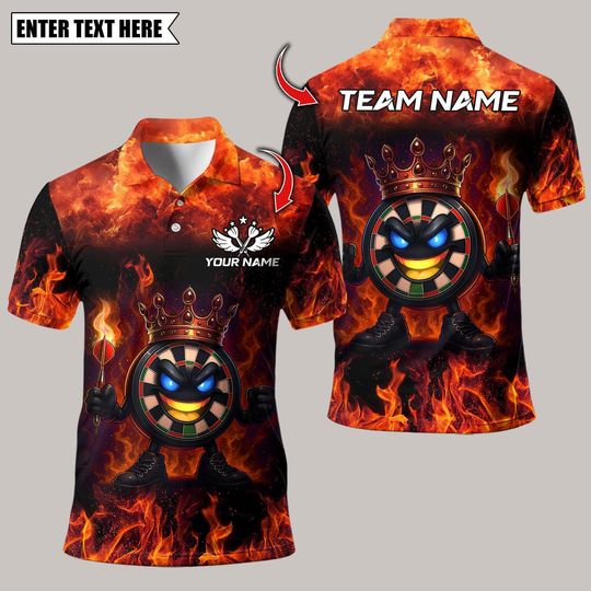 Discover Personalized Name Dart Polo Shirt, Funny Dartboard King Flame Crown Design ,Custom Team Shirt for Men, Gift for Darts Players