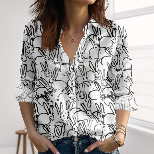 Bunny Rabbit Blouse for Women, Animal Print Casual Shirt, Easter & Holiday Gift