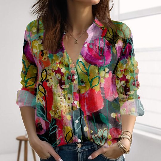Discover Colorful Floral Women's Blouse, Abstract Flower Summer Top, Botanical Boho Casual Shirt