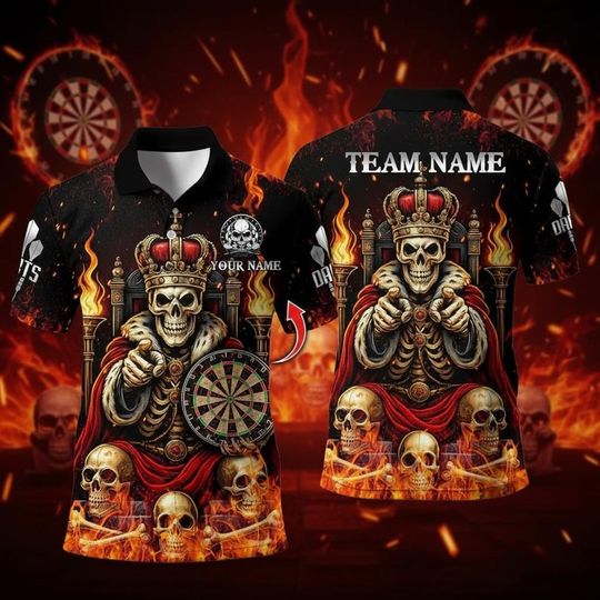Discover Personalized Name Dart Polo Shirt, King Skeleton With Dartboard Design ,Custom Team Shirt for Men, Gift for Darts Players