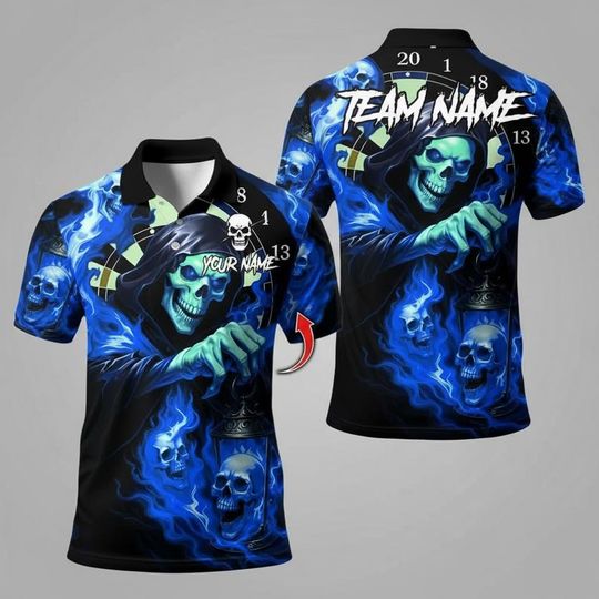 Discover Custom Grim Reaper Dart Polo Shirt, Personalized Dart Team Shirt, Blue Skull Dartboard Polo, Darts League Player Shirt