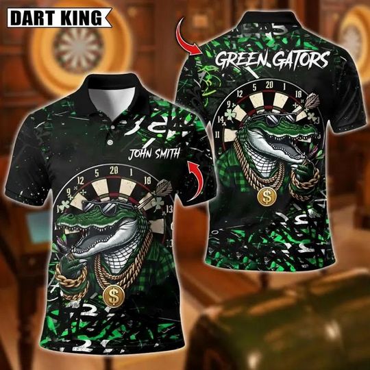 Discover Custom Dart King Green Gators Polo Shirt, Personalized Alligator Dart Shirt, Funny Dart Player Polo, Dartboard Graphic Polo