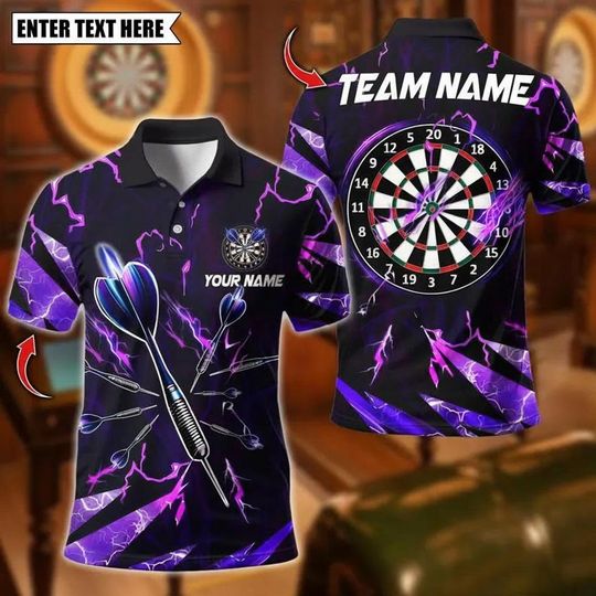 Discover Custom Darts Team Polo Shirt, Personalized Name Dart Jersey, Lightning Dartboard Polo, Gift for Darts Players, Dart League Shirt