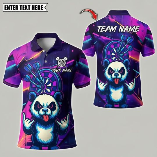 Discover Personalized Name Dart Polo Shirt, Rock Graffiti Panda with Dartboard Design ,Custom Team Shirt for Men, Gift for Darts Players