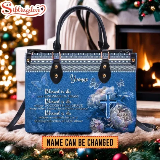 Discover Custom Name Blessed Is She Blue Women Leather Handbag Gift For Jesus Lovers